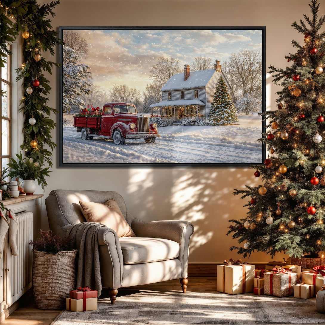 Framed Wall Art: Winter scene with a red truck and snowy house. Warm, inviting color palette. Perfect Christmas decor for your home.