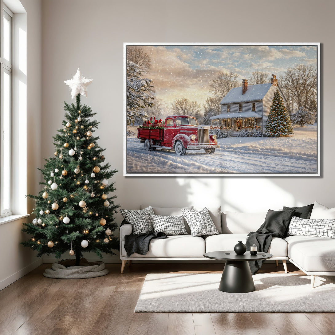Framed Wall Art: Cozy winter scene with a red truck, snow-covered house, and warm color palette. Perfect for holiday decor!