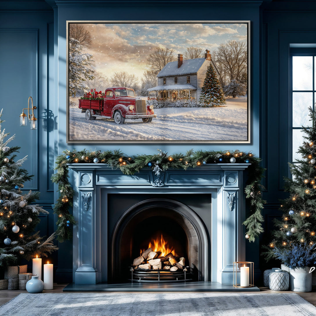 Framed Wall Art: Winter scene with red truck & snowy house. Rustic style, warm colors. Perfect holiday decor! Shop Canvas Prints for cozy vibes.