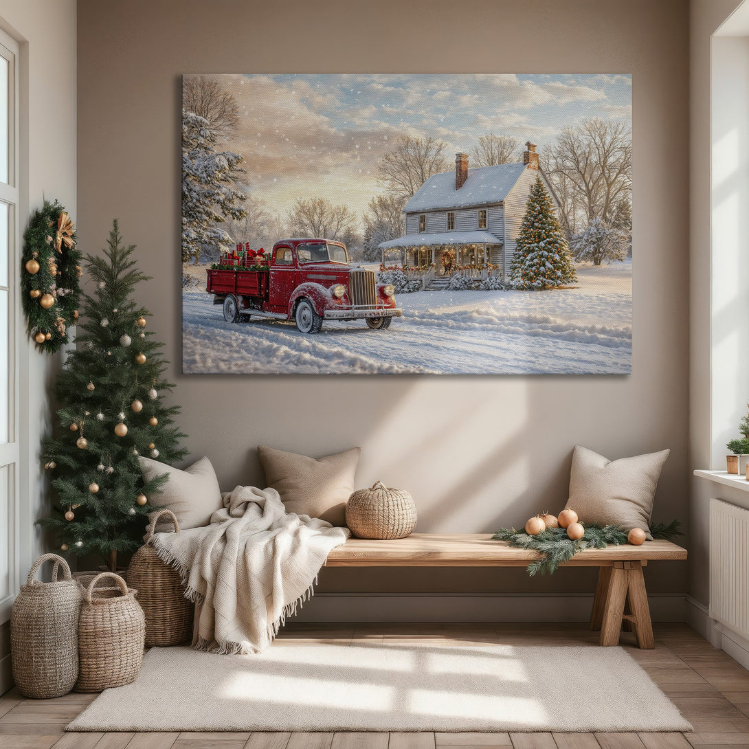Framed Wall Art: Cozy Christmas scene with red truck and snowy house. Warm, inviting color palette. Perfect holiday decor for your home.