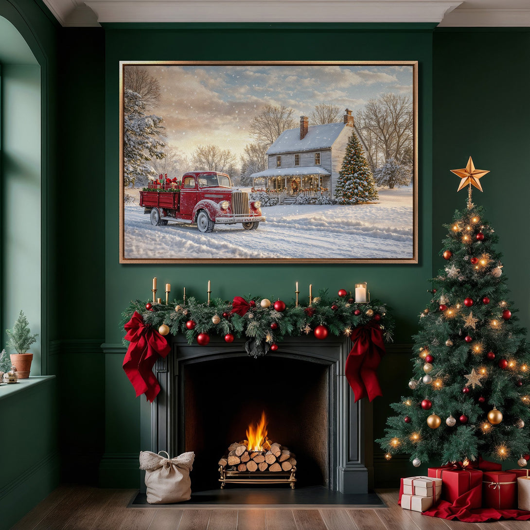 Framed Wall Art: Winter scene with red truck & snowy house. Rustic style, warm color palette. Perfect Christmas decor for a cozy living room.