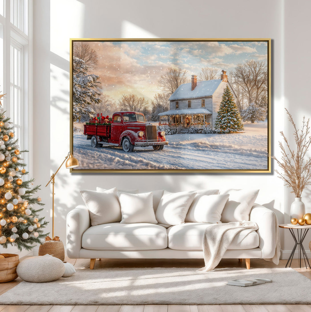 Canvas Print of a vintage red truck delivering Christmas gifts to a snowy farmhouse. Warm, inviting color palette. Perfect holiday wall art!