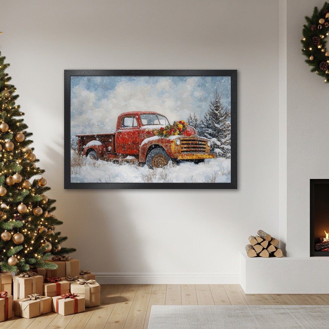 Framed Poster featuring a vintage red truck in a snowy scene. Rustic style, warm red, white, and blue color palette. Perfect holiday wall art!