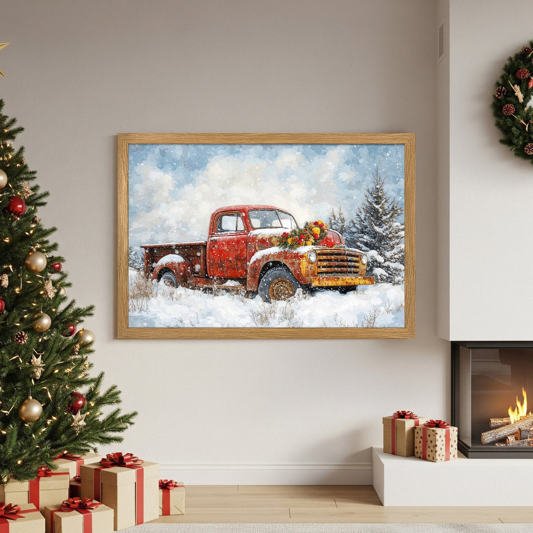 Framed Poster featuring a vintage red truck in a snowy winter scene. Rustic style, warm red and blue tones. Perfect holiday decor!