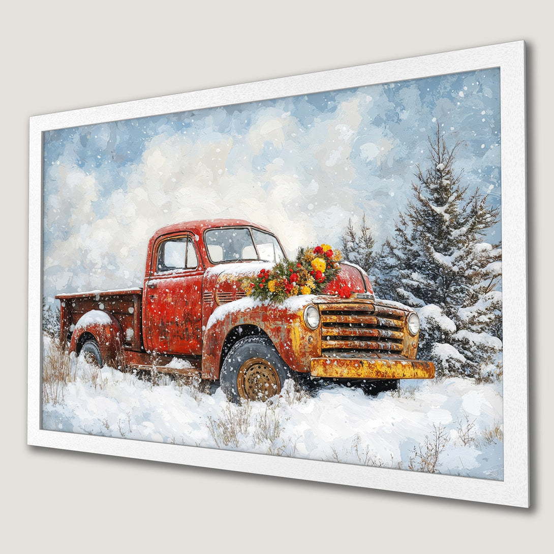 Framed Poster featuring a vintage red truck in a snowy landscape. Rustic style with a warm, winter color palette. Perfect for cozy decor!