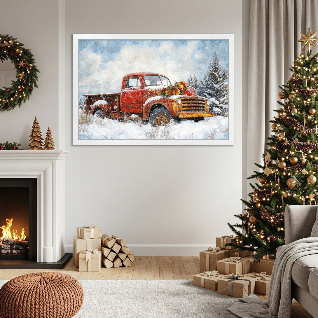 Framed Poster of a vintage red truck in snow, painted style, featuring a warm, wintery color palette. Perfect Christmas decor!