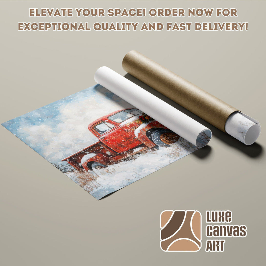 Poster Roll featuring a red truck in snow, art print style, with a wintery blue, white, and red color palette.