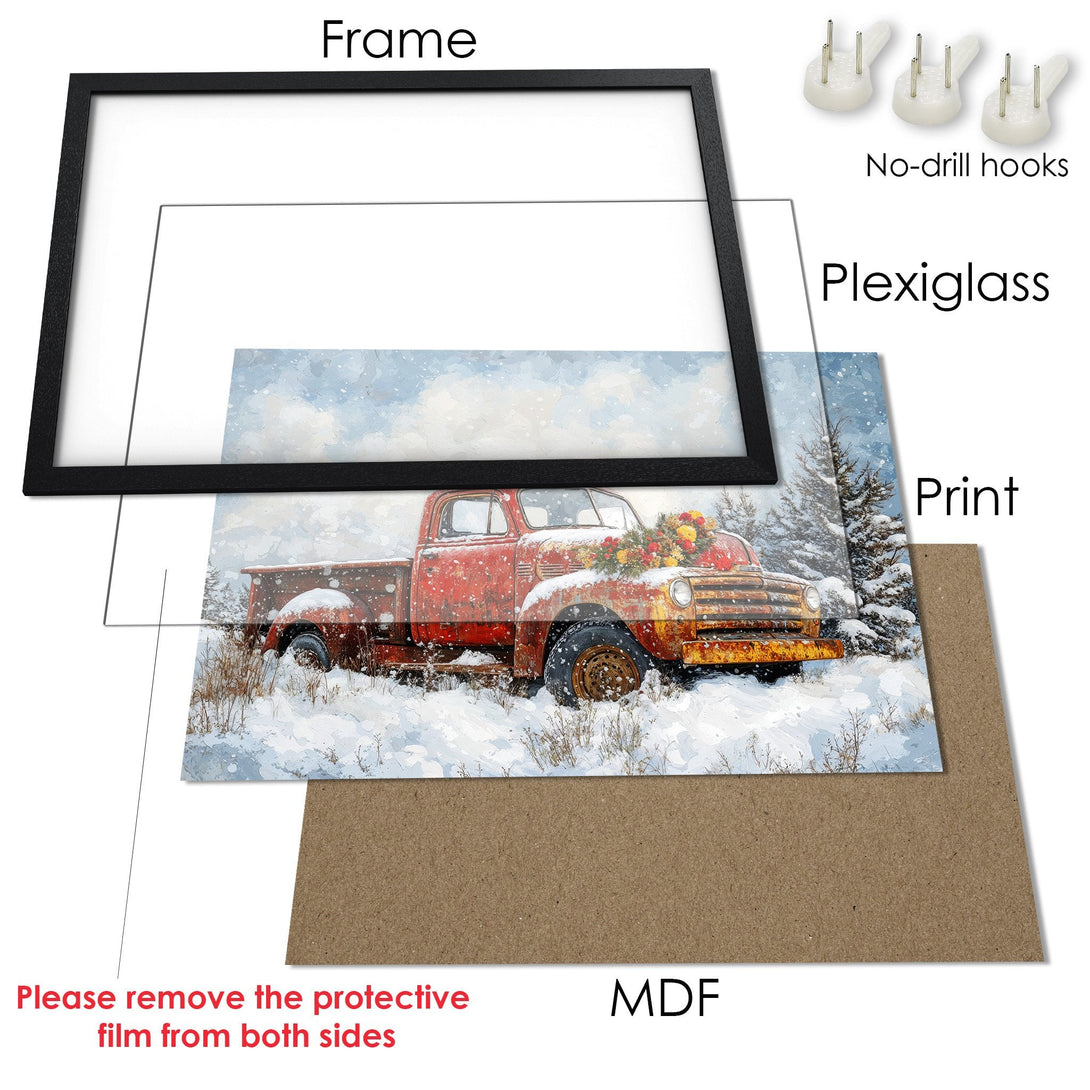 Framed Poster featuring a vintage red truck in a winter scene, painted in a rustic style with a warm, inviting color palette.