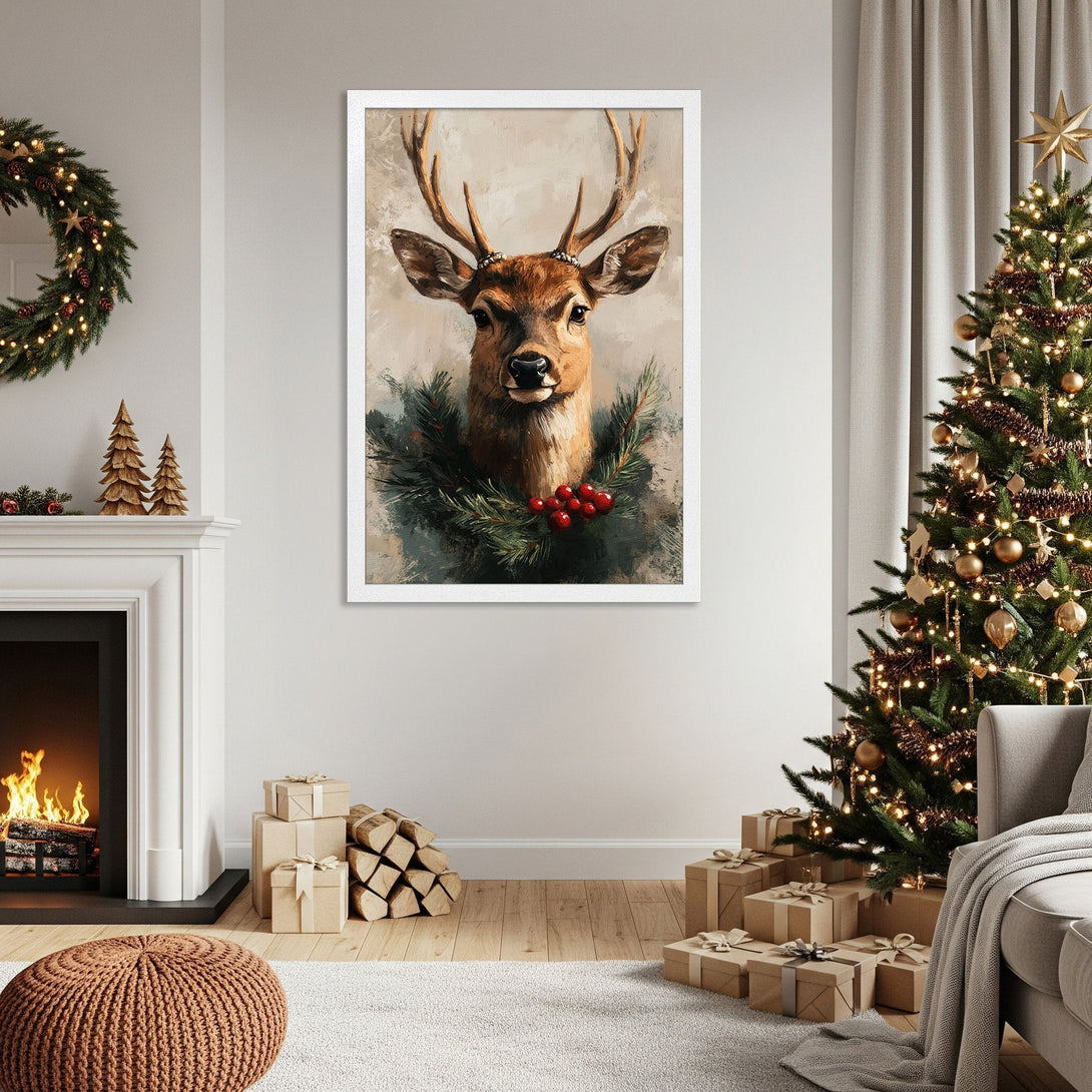 Framed Poster featuring a deer with a wreath, painted in a warm, neutral color palette, perfect for Christmas decor.