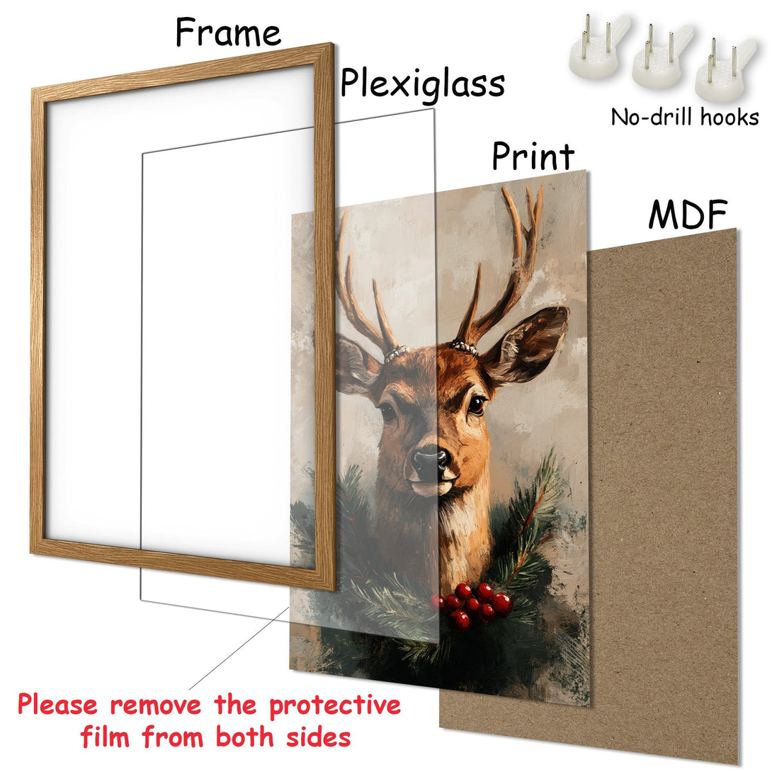 Framed Poster featuring a majestic deer in a painterly style with warm brown and green tones. Perfect wall art!