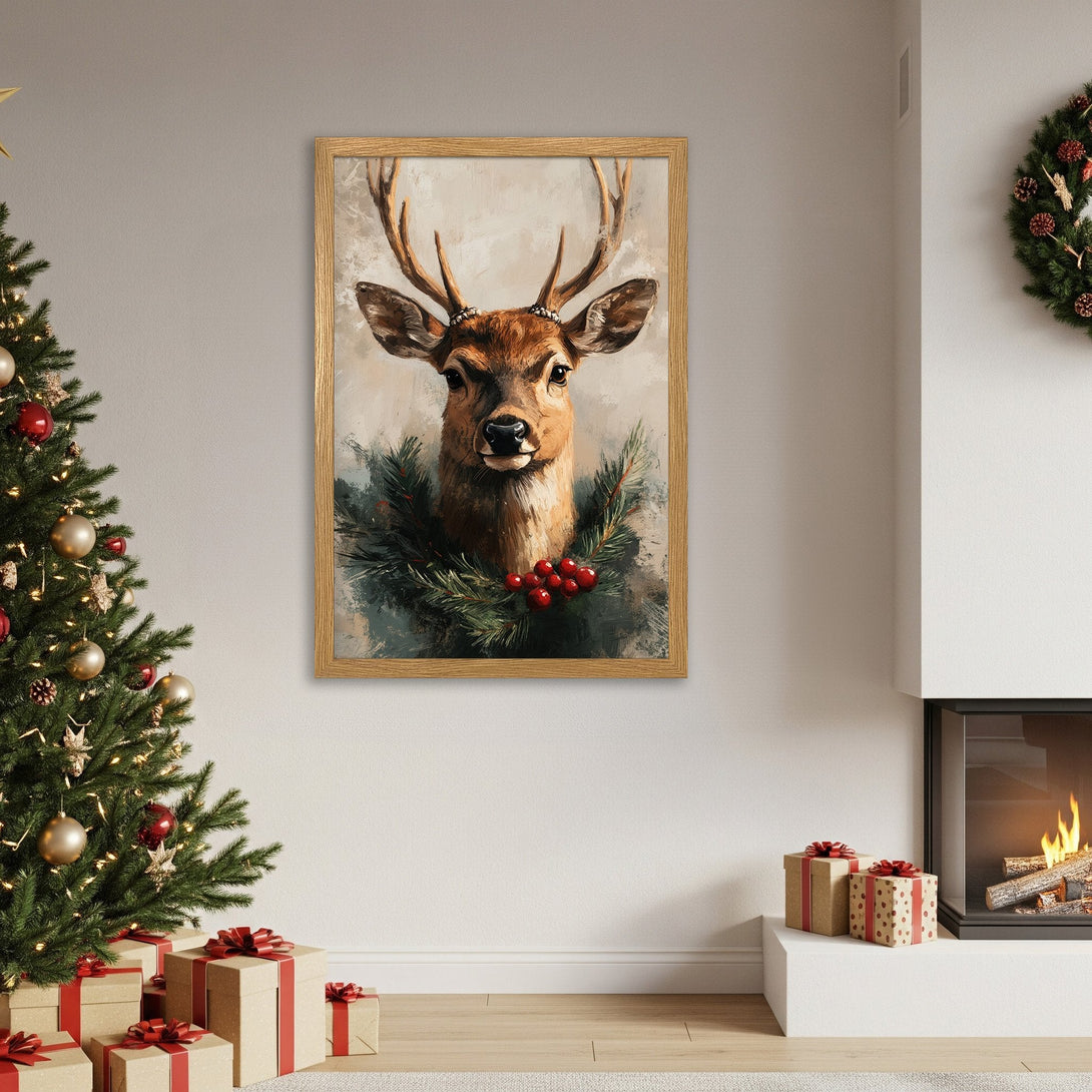 Framed Poster featuring a majestic deer portrait with a Christmas wreath. Warm, neutral color palette perfect for holiday decor.