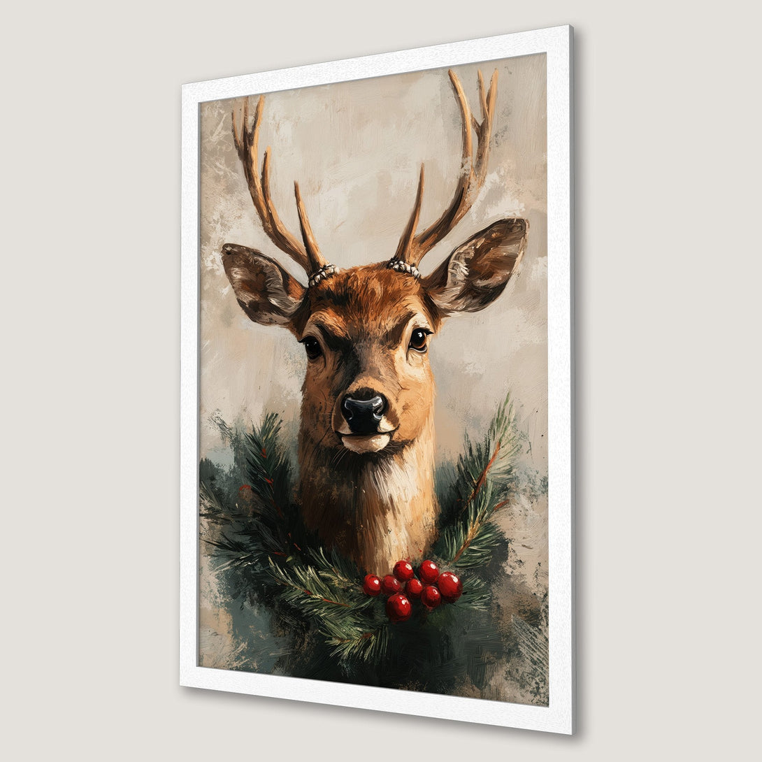 Framed Poster of a majestic deer with a wreath. Rustic style, warm brown and green tones, perfect for holiday decor.