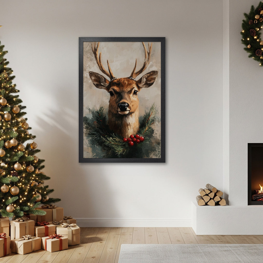 Framed Poster of a deer with a holiday wreath. Warm, neutral color palette. Perfect Christmas decor!
