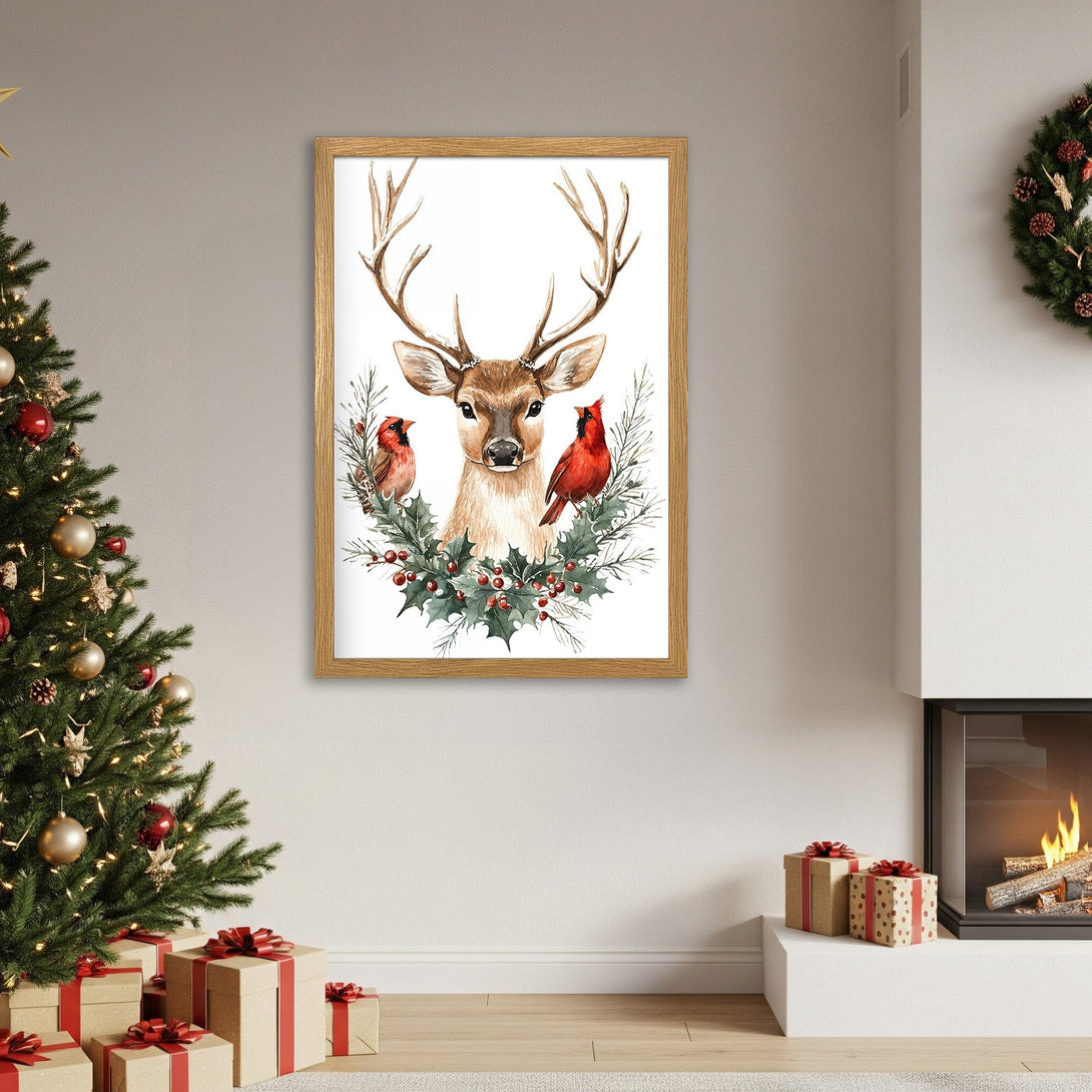 Framed Poster of a watercolor deer with cardinals, festive style, warm color palette, perfect for holiday decor.