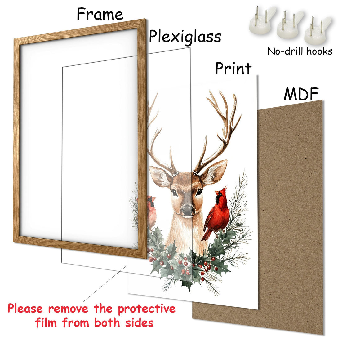 Framed Poster featuring a deer and cardinal in watercolor style with a natural color palette. Perfect for rustic home decor!