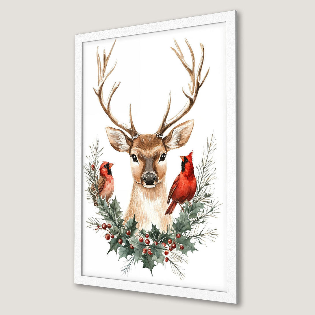 Framed Poster featuring a watercolor deer with cardinals, holly, and berries. Rustic style with a warm, earthy color palette. Perfect holiday decor.