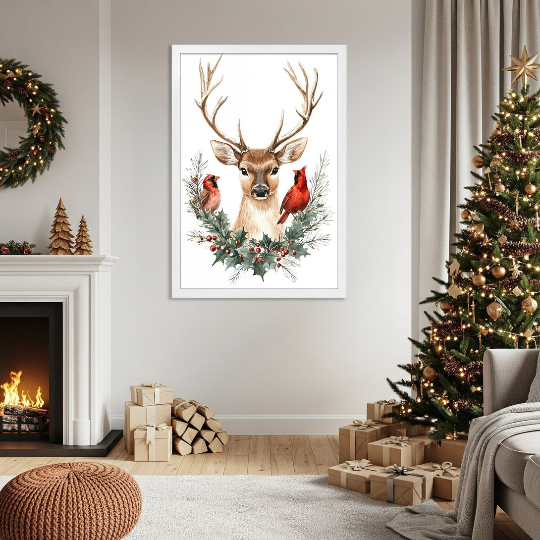 Framed Poster featuring a watercolor deer with cardinals, festive style, warm neutral tones, perfect for Christmas decor.