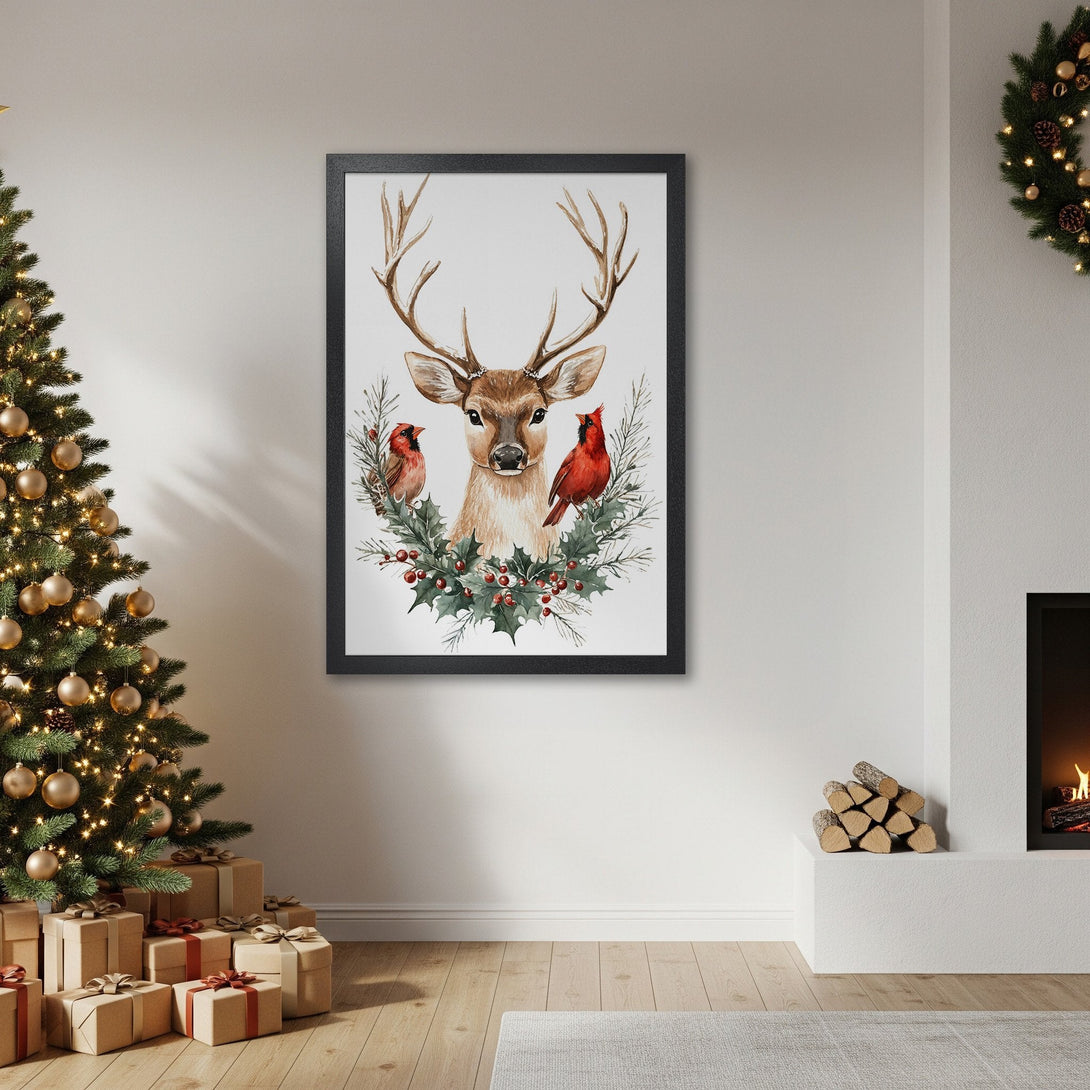 Framed Poster featuring a watercolor deer with cardinals, holiday decor. Warm, inviting color palette, perfect for Christmas.