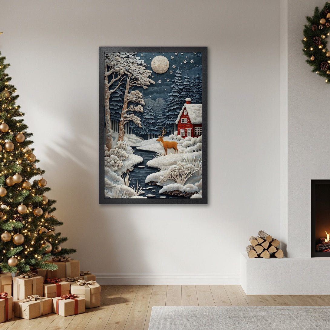 Framed Poster featuring a winter landscape with a deer, red house, and blue and white color palette. Perfect Christmas decor!