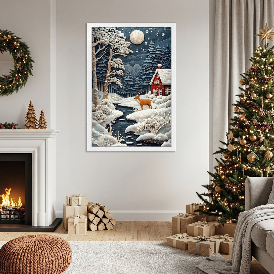 Framed Poster of a winter landscape with a red cabin, deer, and snowy trees. Cozy, illustrative style with blue & white tones. Perfect for holiday decor.