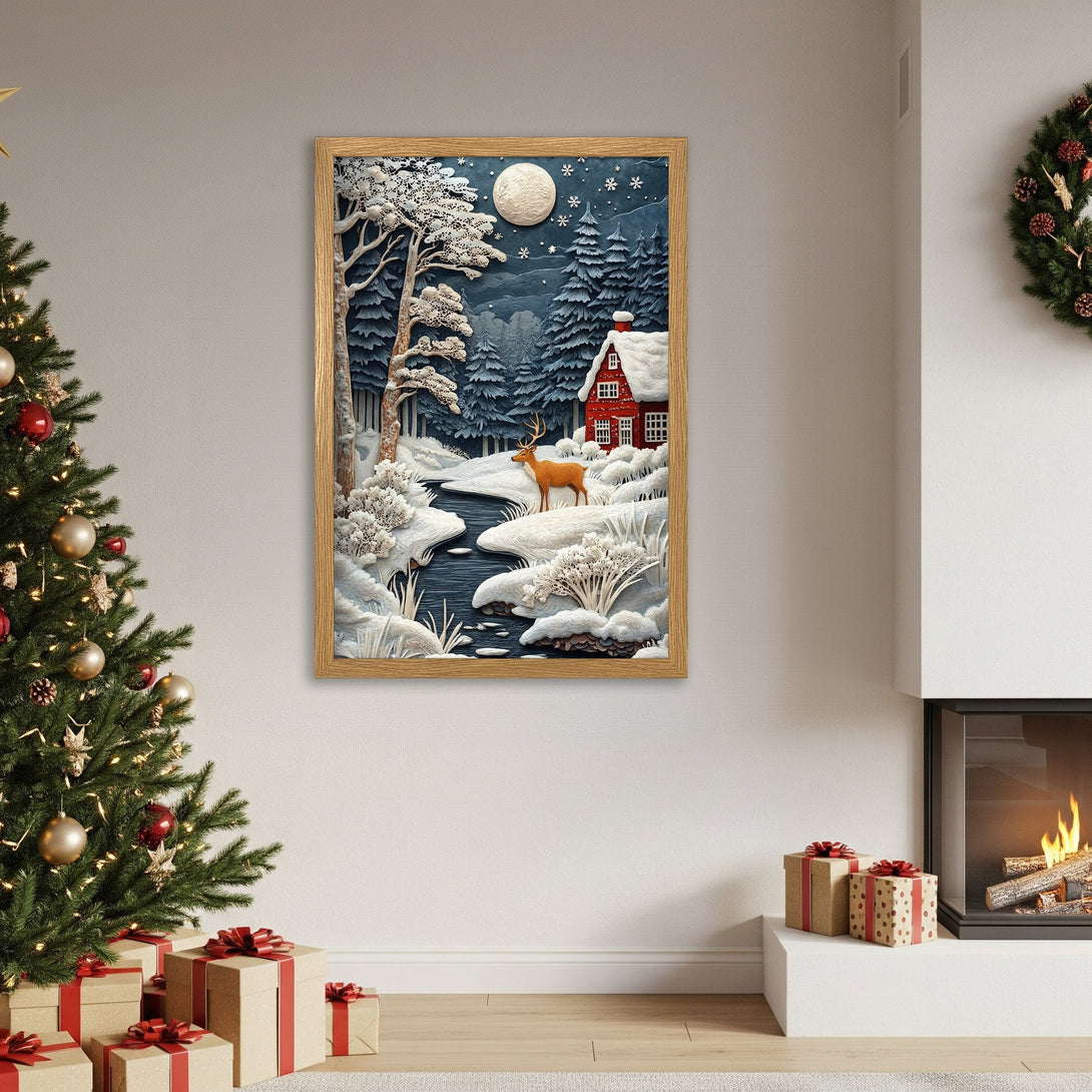 Framed Poster of a winter scene with a deer, featuring a cool blue and white color palette. Perfect for holiday decor!