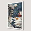Festive Reindeer and Snowy Red House Art Poster for Christmas