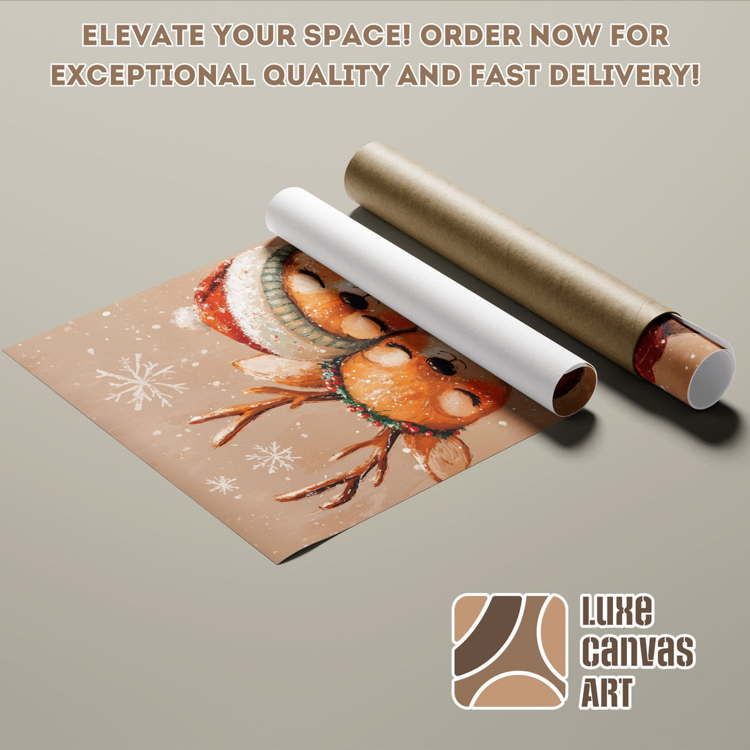 Poster Roll featuring a cute reindeer illustration in warm, neutral tones. Perfect holiday decor!