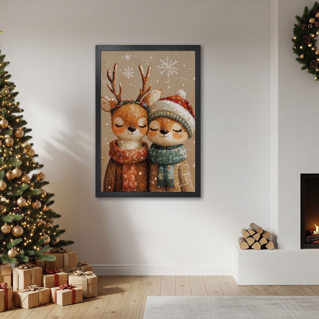 Framed Poster featuring adorable deer couple in a cozy, watercolor style. Warm, neutral color palette perfect for Christmas decor.
