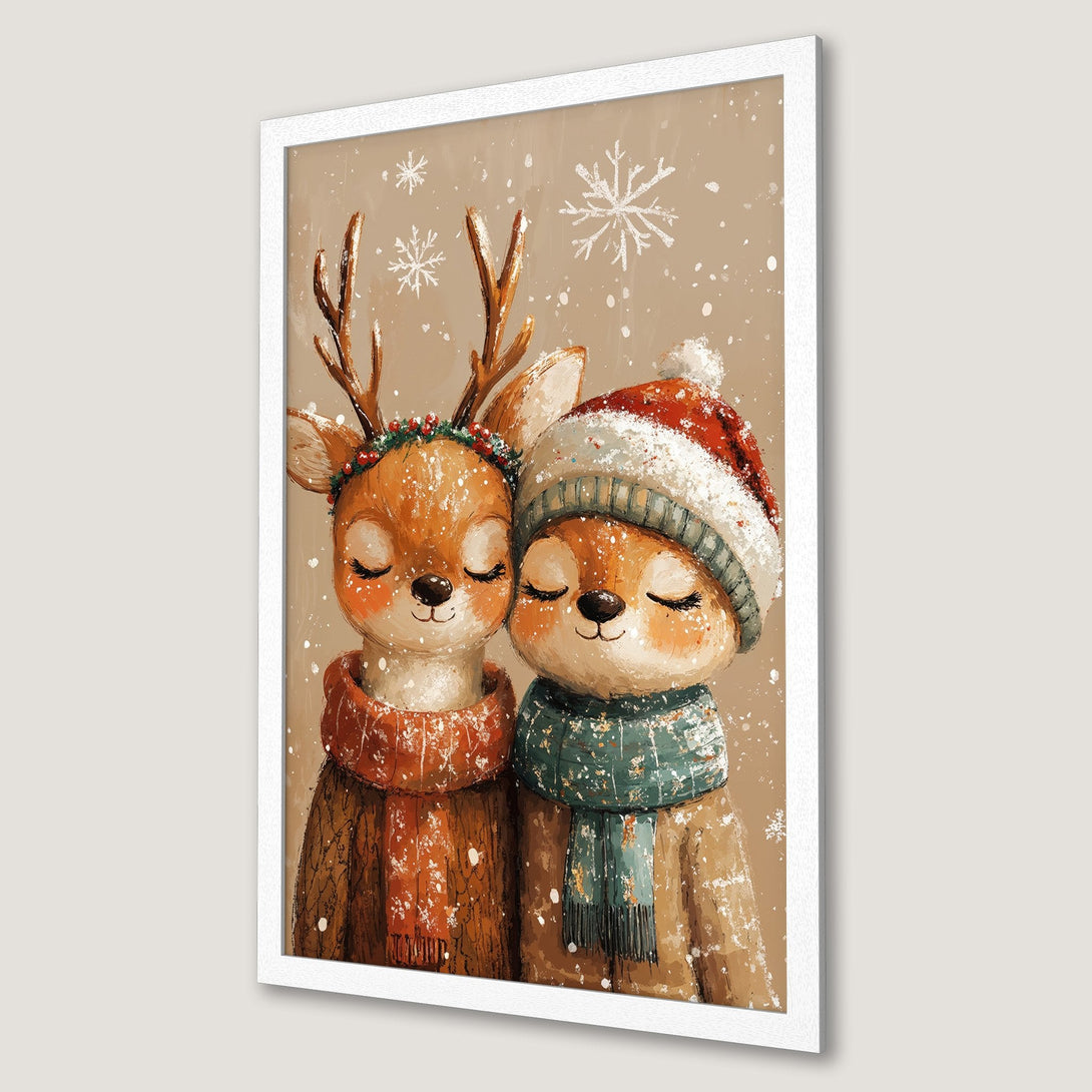 Framed Poster featuring adorable deer in winter attire, watercolor style, warm brown & red tones. Perfect for holiday decor!