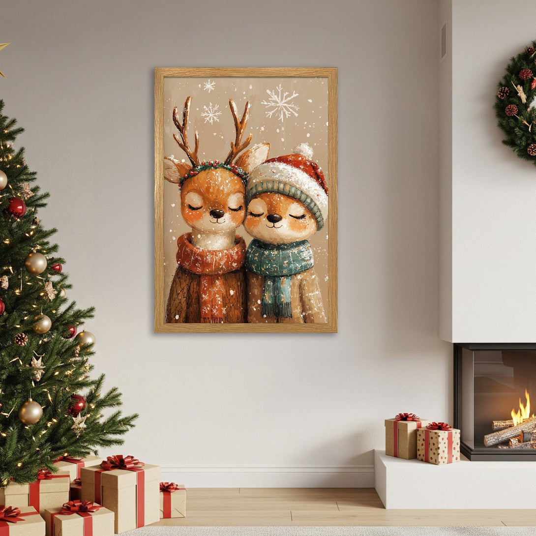 Framed Poster featuring adorable deer in winter attire, warm brown & red tones, perfect for holiday decor.