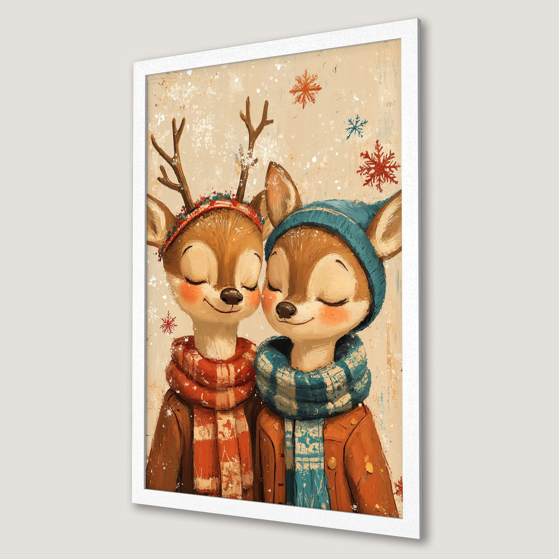 Framed Poster featuring adorable deer couple in winter attire, warm color palette, perfect for cozy decor.