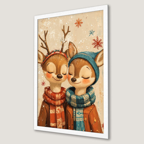 Framed Poster featuring adorable deer couple in winter attire, warm color palette, perfect for cozy decor.