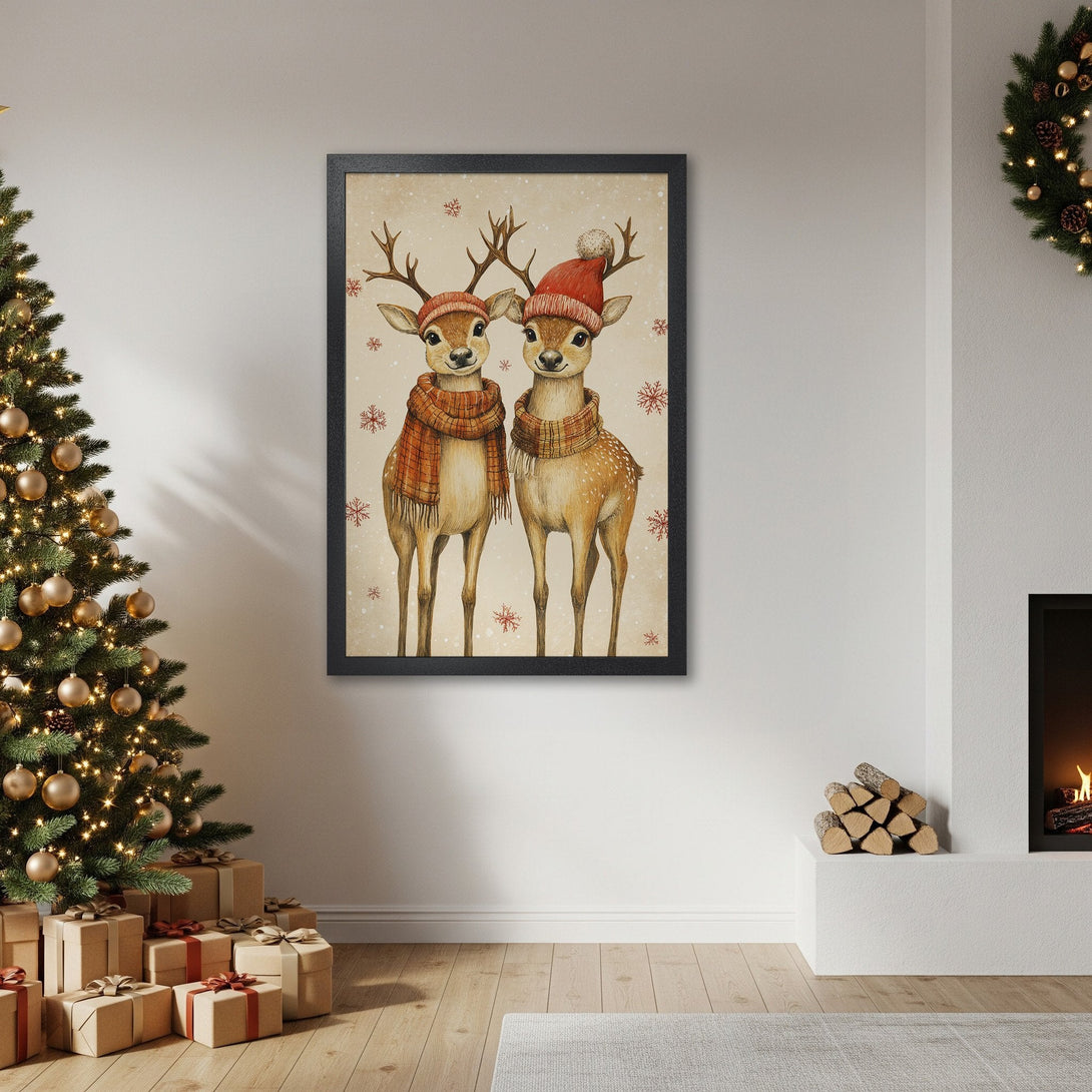 Framed Poster featuring adorable watercolor deer in red hats and scarves, perfect for Christmas decor. Warm, cozy color palette.