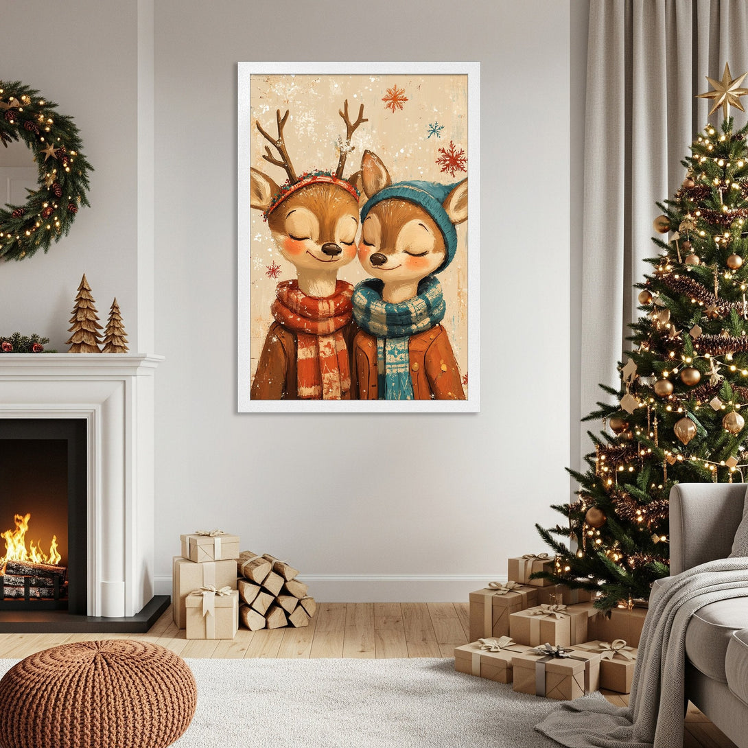 Framed Poster featuring adorable deer illustration in warm, cozy colors. Perfect for Christmas decor!