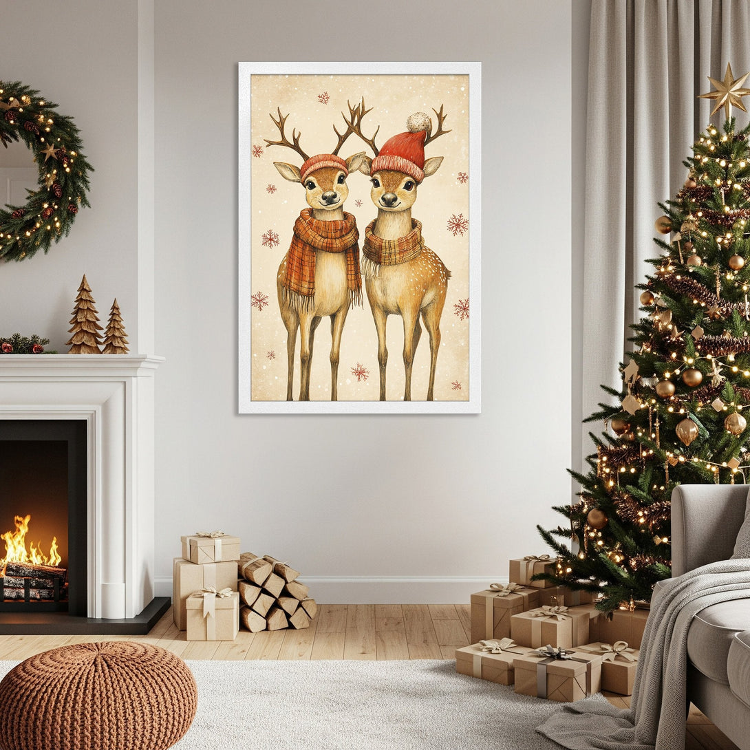 Framed Poster featuring cute deer in winter hats and scarves. Warm, cozy colors perfect for holiday decor. Add charm to your home!