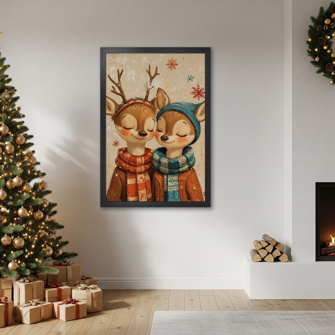 Framed Poster of cute deer couple in a cozy, whimsical style. Warm color palette with reds, browns, and blues, perfect for Christmas decor.