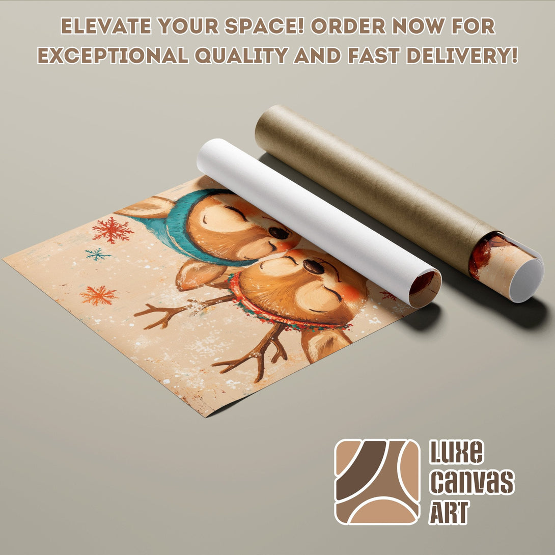 Cute reindeer poster roll art with a warm, neutral color palette. Perfect for holiday decor! Order your Poster today!