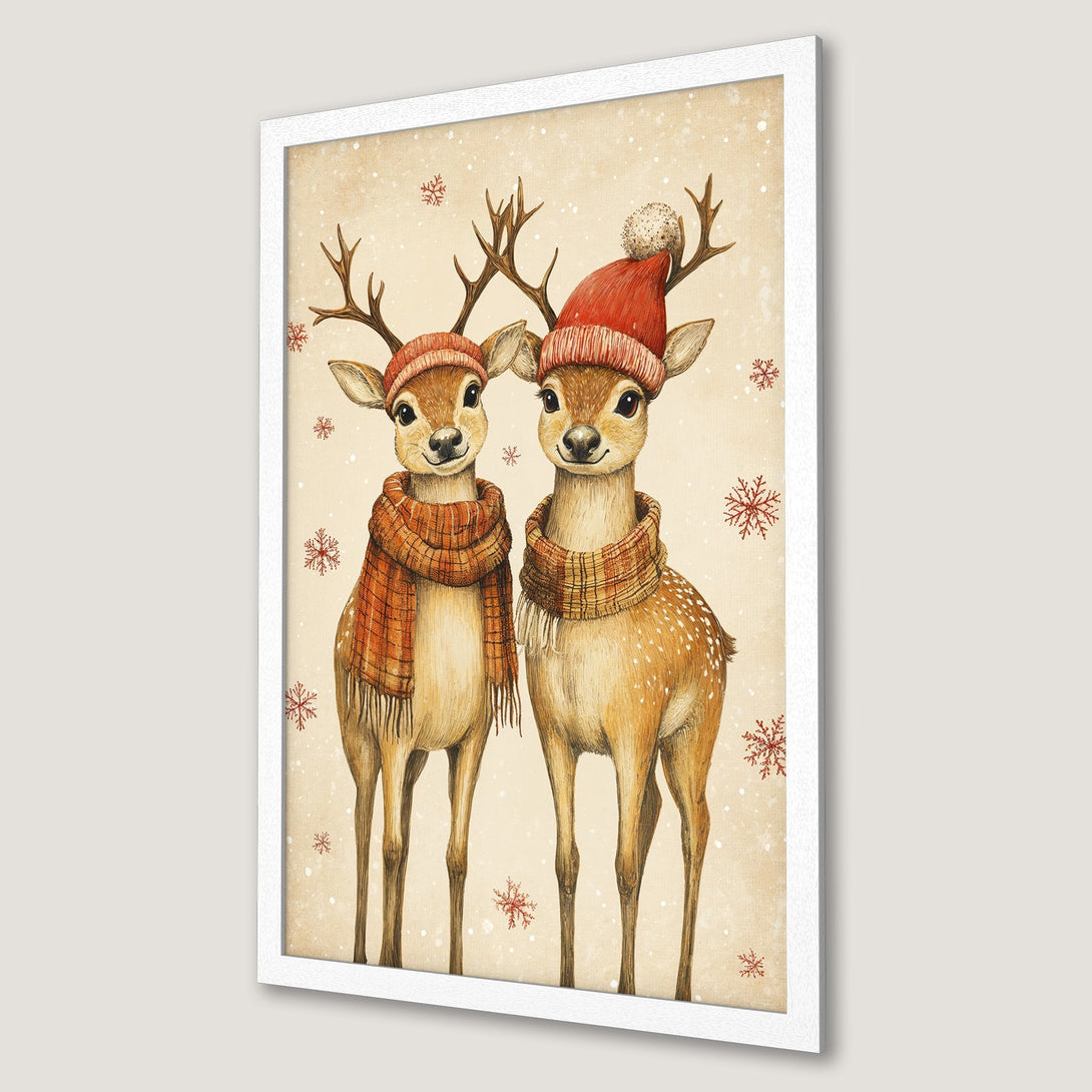 Framed Poster featuring adorable watercolor deer in winter hats and scarves. Warm, inviting color palette perfect for holiday decor.