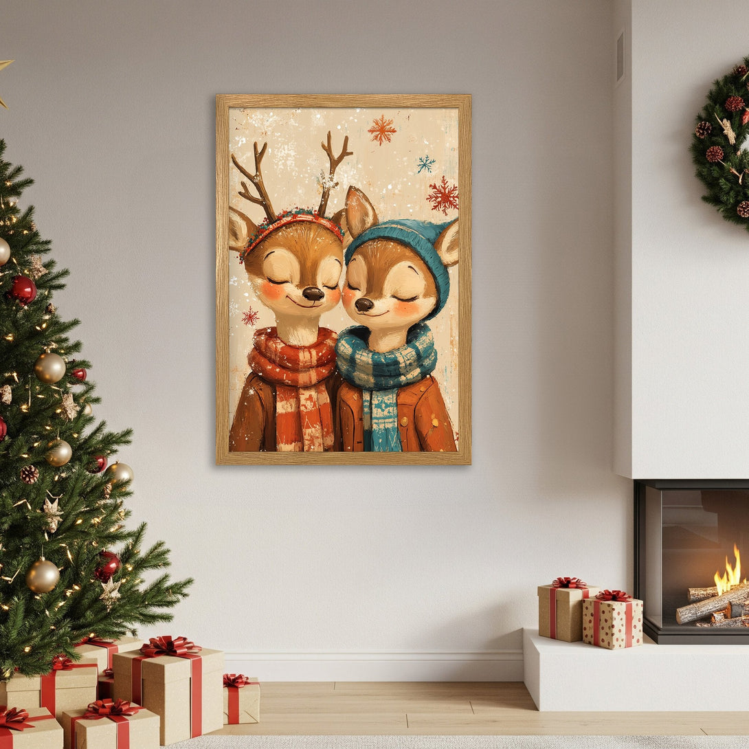 Framed Poster of cute deer couple in winter attire, warm color palette, perfect for Christmas decor!