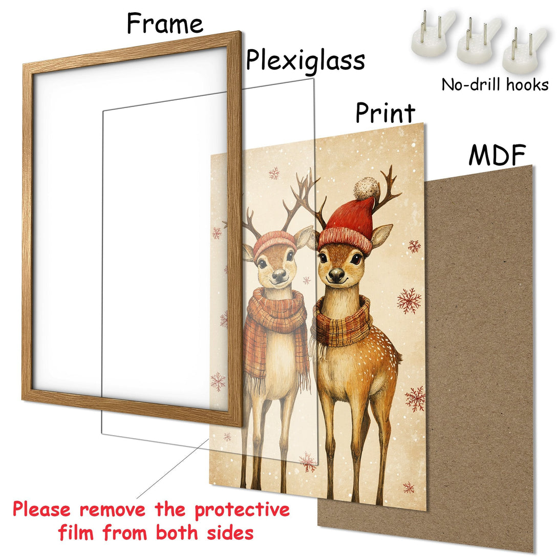 Framed Poster featuring adorable deer in winter attire, warm earth tones and red accents, perfect for holiday decor.