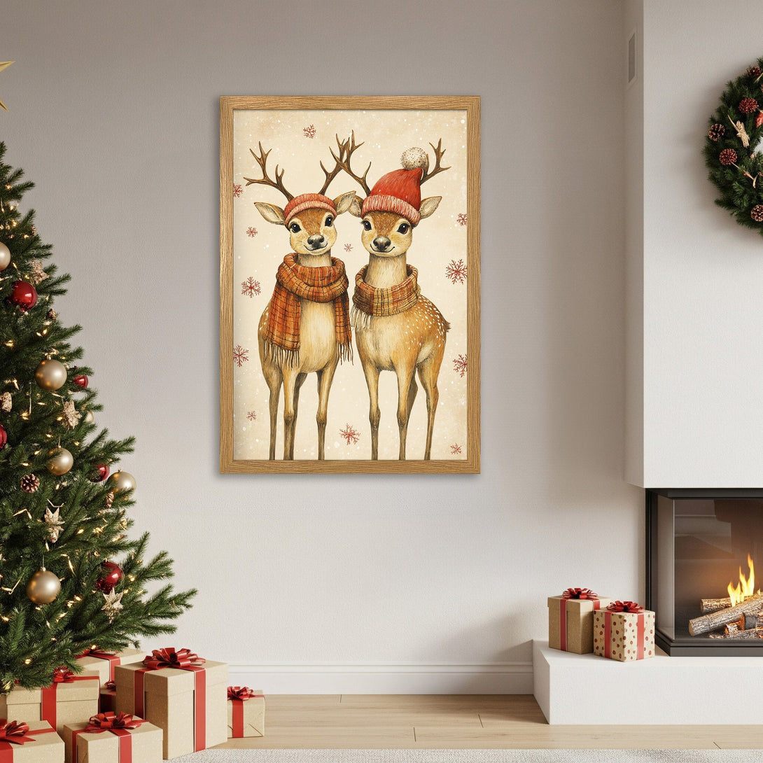 Framed Poster featuring watercolor deer in winter hats and scarves. Warm, inviting color palette, perfect for holiday decor.