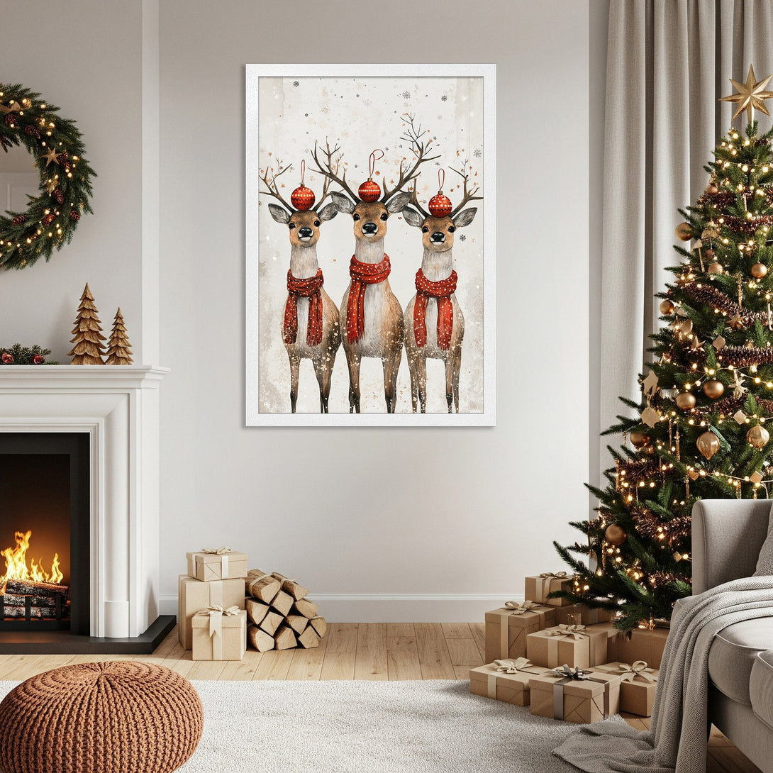 Framed Poster featuring watercolor reindeer in red and neutral tones, perfect for Christmas decor.