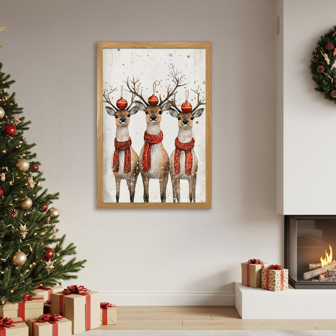 Framed Poster featuring watercolor reindeer in red and brown, perfect for holiday decor. Warm, inviting color palette.