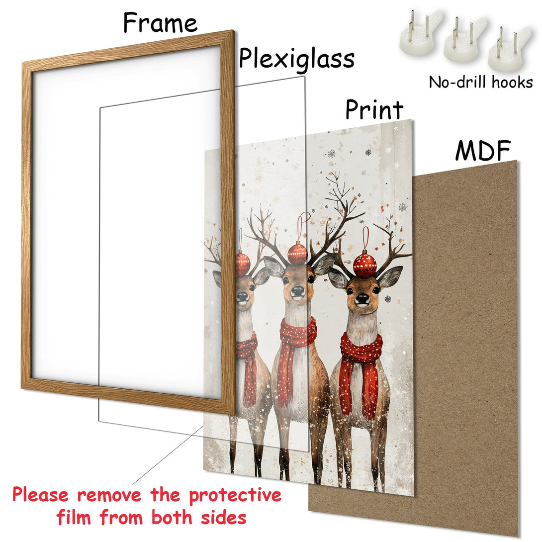 Framed Poster featuring watercolor deer in a winter scene. Warm, neutral tones with pops of red. Perfect holiday decor!