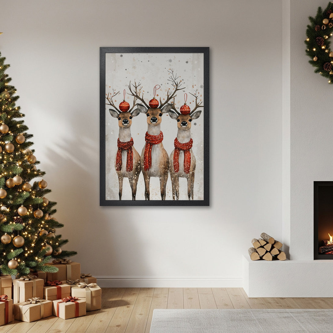 Framed Poster featuring watercolor reindeer with red scarves and ornaments, perfect for Christmas decor. Neutral color palette.