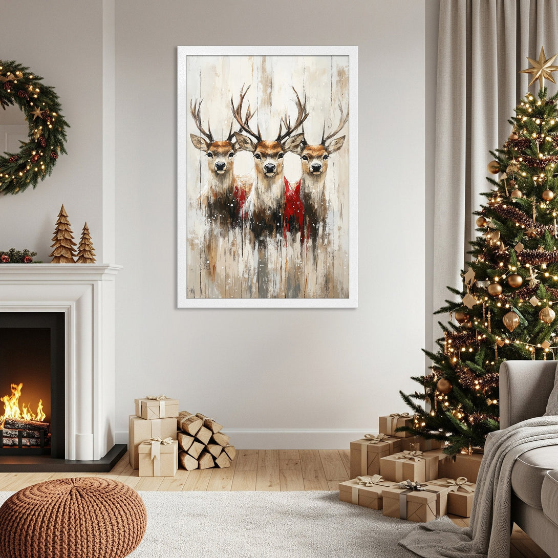 Framed Poster featuring three deer in a rustic, abstract style with a neutral and red color palette. Perfect Christmas decor!