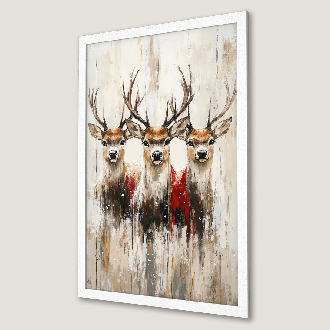 Framed Poster featuring three deer in a painterly style with a neutral and red color palette. Perfect wall art for your home!