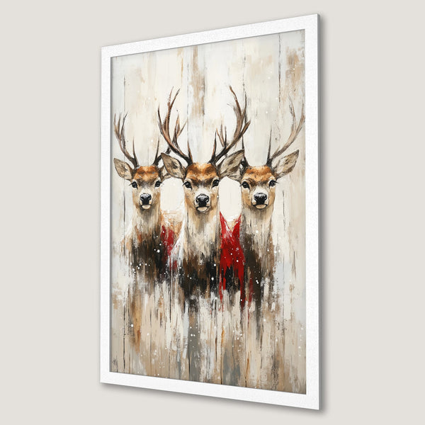 Framed Poster featuring three deer in a painterly style with a neutral and red color palette. Perfect wall art for your home!