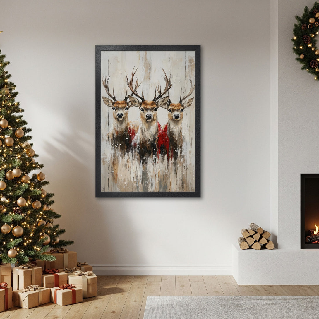 Framed Poster featuring a painting of three deer with a neutral and red color palette, perfect for Christmas decor.