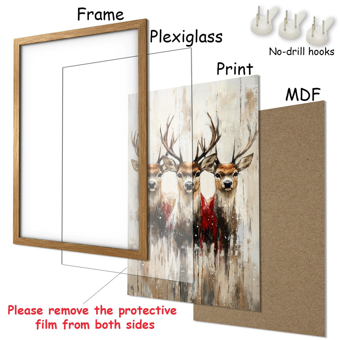 Framed Poster featuring deer art in neutral tones with a pop of red. Rustic style, perfect for home decor.